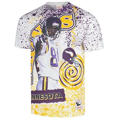 Men's Mitchell & Ness Randy Moss White Minnesota Vikings Retired Player Name & Number Burst T-Shirt