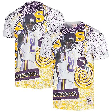 Men's Mitchell & Ness Randy Moss White Minnesota Vikings Retired Player Name & Number Burst T-Shirt