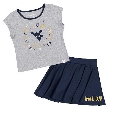 Girls Toddler Colosseum Heather Gray/Navy West Virginia Mountaineers Two-Piece Minds For Molding T-Shirt & Skirt Set