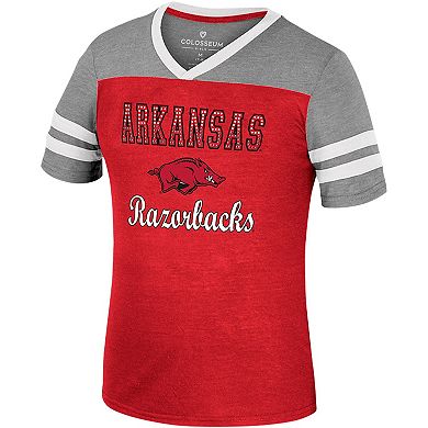 Girls Youth Colosseum Cardinal/Heather Gray Arkansas Razorbacks Summer Striped V-Neck T-Shirt