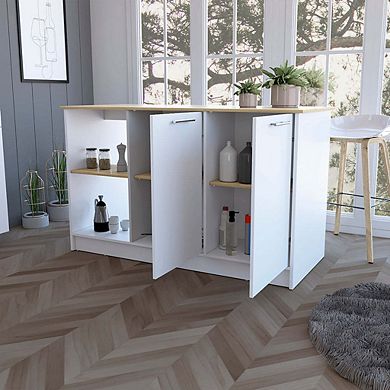 Mercury Kitchen Island With Spacious Countertop, Double Door Cabinets, And 2 Open Storage Shelves