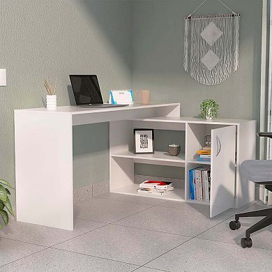 Dallas L-Shaped Home Office Desk, Two Shelves, Single Door Cabinet