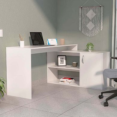 Dallas L-Shaped Home Office Desk, Two Shelves, Single Door Cabinet
