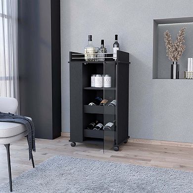 Lusk Bar Cart with 2-Bottle Holder Shelf, Glass Door and Casters