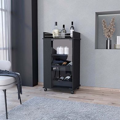 Lusk Bar Cart with 2-Bottle Holder Shelf, Glass Door and Casters