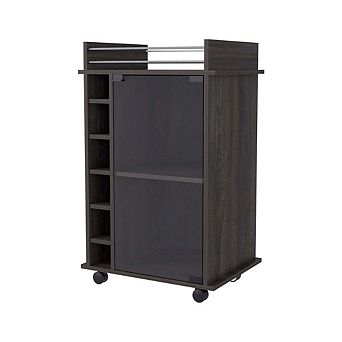 Vegas Bar Cart, Two Tier Cabinet With Glass Door, Six Cubbies For Liquor