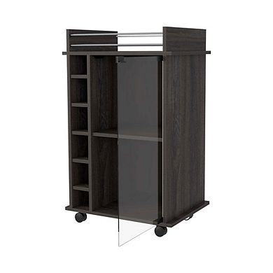 Vegas Bar Cart, Two Tier Cabinet With Glass Door, Six Cubbies For Liquor