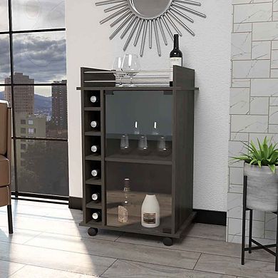 Vegas Bar Cart, Two Tier Cabinet With Glass Door, Six Cubbies For Liquor