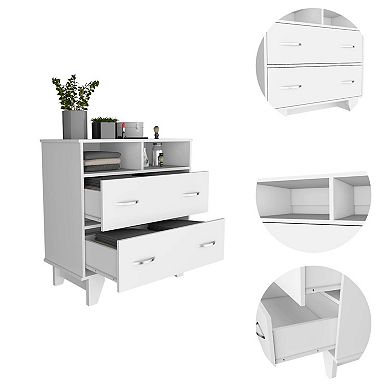 Portobelo Two Drawer Dresser, Two Shelves, Superior Top, Four Legs