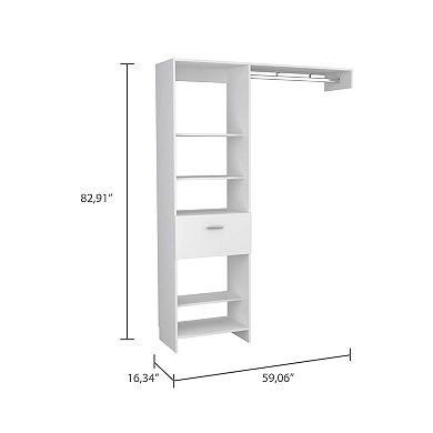Hybrid Closet System, Five Open Shelves, One Drawer, Metal Rod