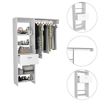 Hybrid Closet System, Five Open Shelves, One Drawer, Metal Rod