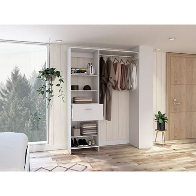 Hybrid Closet System, Five Open Shelves, One Drawer, Metal Rod