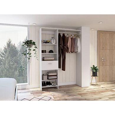 Hybrid Closet System, Five Open Shelves, One Drawer, Metal Rod