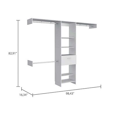 Cross Closet System, One Drawer, Three Metal Rod, Five Open Shelves