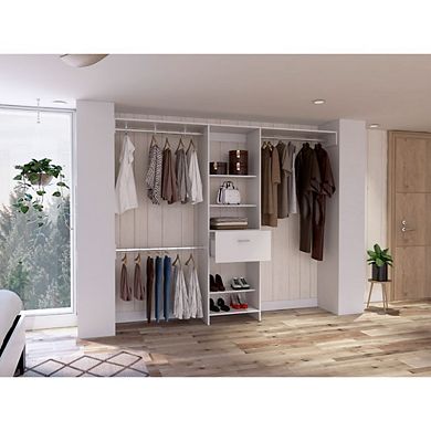 Cross Closet System, One Drawer, Three Metal Rod, Five Open Shelves