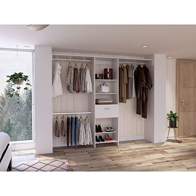 Cross Closet System, One Drawer, Three Metal Rod, Five Open Shelves