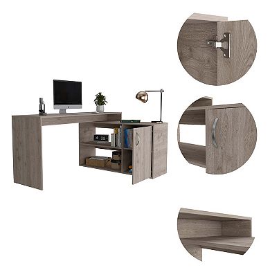 Antlia L-Shaped Writing Desk, Two Shelves, Single Door Cabinet