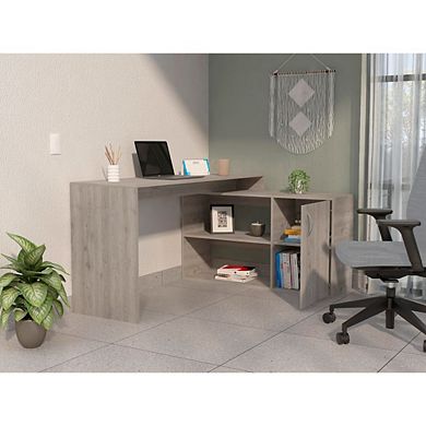 Antlia L-Shaped Writing Desk, Two Shelves, Single Door Cabinet