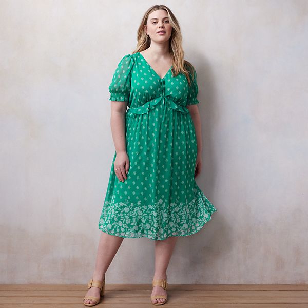 Macys Plus Size Cocktail Dresses Plus Size LC Lauren Conrad Floral Print  Chiffon Tie Front V-Neck Midi Dress
