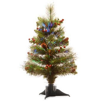 National Tree Company 2-ft. Fiber Optic Ice Crestwood Small Artificial Tree with Silver Bristles, Cones, Red Berries & Glitter