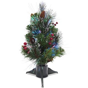 National Tree Company 18 in Fiber Optic Ice Crestwood Small Artificial Tree With Silver Bristle, Cones, Red Berries & Glitter