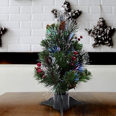 National Tree Company 18-in. Fiber Optic Ice Crestwood Small Tree With Silver Bristle, Cones, Red Berries & Glitter
