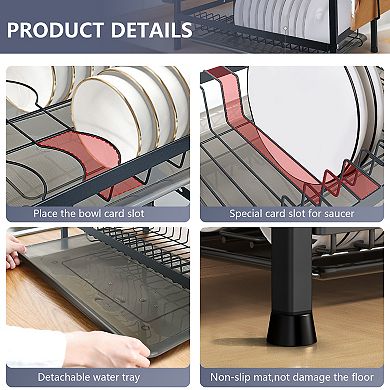 Dish Drying Rack, 2-Tier Compact Kitchen Dish Rack Drainboard Set