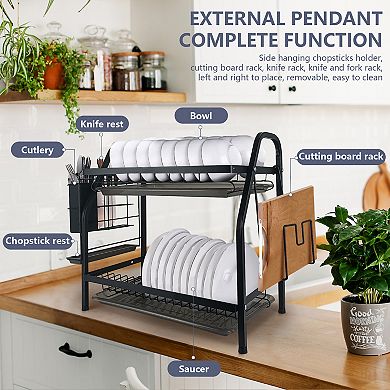 Dish Drying Rack, 2-Tier Compact Kitchen Dish Rack Drainboard Set