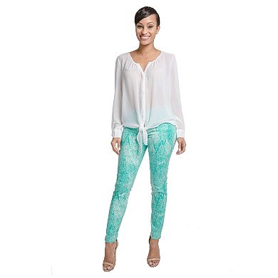 Miss Halladay Women Teal Stretch Denim Skinny Jeans Tree Skin Print Ankle Length