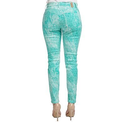Miss Halladay Women Teal Stretch Denim Skinny Jeans Tree Skin Print Ankle Length