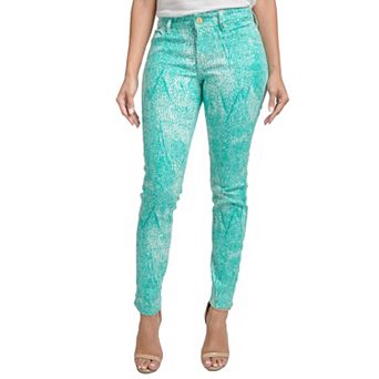 Miss Halladay Women Teal Stretch Denim Skinny Jeans Tree Skin Print Ankle Length