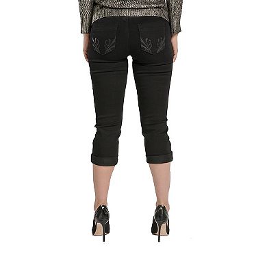 Miss Halladay Women's Black Stretch Denim Skinny Capri Jeans Embroidered Back pockets