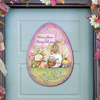 Bunny Garden Gnome 24-Inch Handcrafted Wooden Door Decor by Susan Winget - Easter Spring Decor
