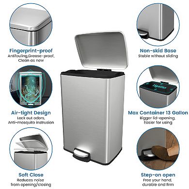 13 Gal./50 Liter Rectangular Stainless Steel Step-on Trash Can for Kitchen