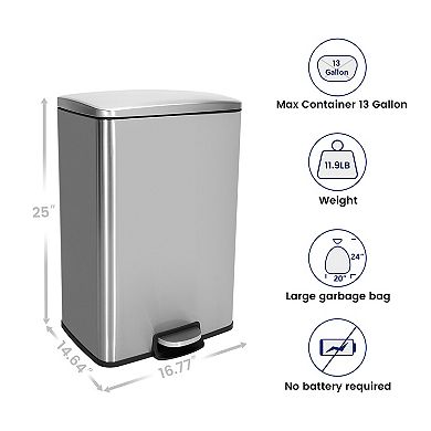 13 Gal./50 Liter Rectangular Stainless Steel Step-on Trash Can for Kitchen