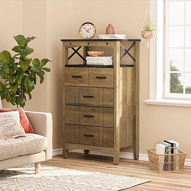 Bestier Hallway & Living Room Storage Cabinet w/ 2 Shelves and 5 Drawers, Brown