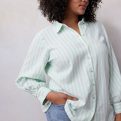 Plus Size LC Lauren Conrad Oversized Volume Sleeve Linen Blend Button Down Shirt