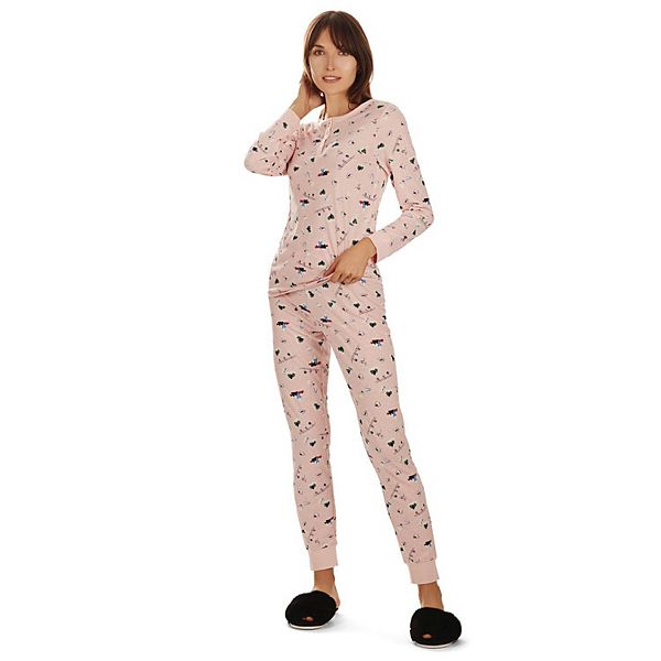 2 Piece Women's Ski Chalet Pattern Long Sleeve Tapered Bottom Pajama Set