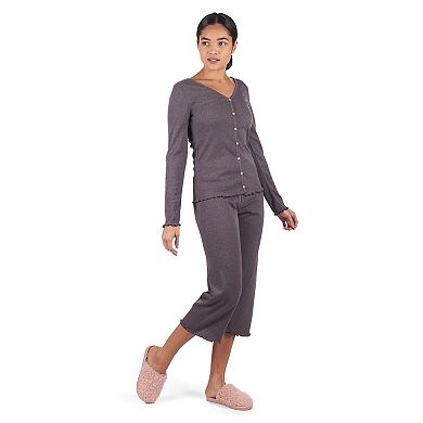 Women's Ruffled Lettuce Edge Rib Long Sleeve and Capri Set