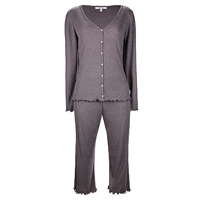 Women's Ruffled Lettuce Edge Rib Long Sleeve and Capri Set