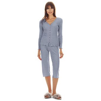 Women's Ruffled Lettuce Edge Rib Long Sleeve and Capri Set