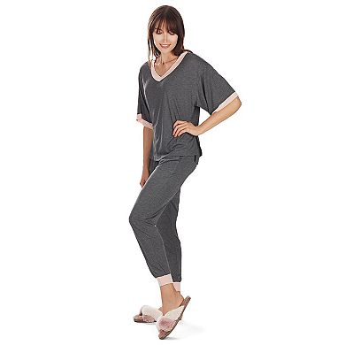 Women's Contrast Trim Loose Fit Modal Short Sleeve and Pants Set