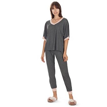 Women's Contrast Trim Loose Fit Modal Short Sleeve and Pants Set