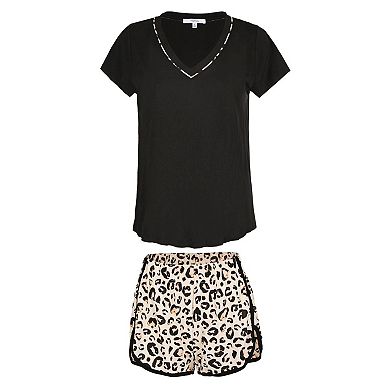 Women's Leopard V-Neck Short Cotton Blend Pajama Set