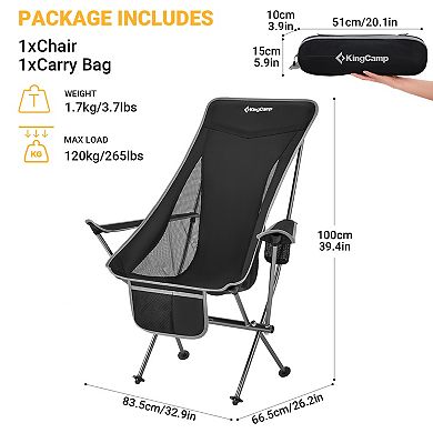 KingCamp Lightweight Highback Camping Chair with Cupholder & Pocket, Black/Grey