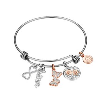 Love This Life Two-Tone Crystal Besties, Butterfly, Flower, & Infinity Charm Bangle Bracelet