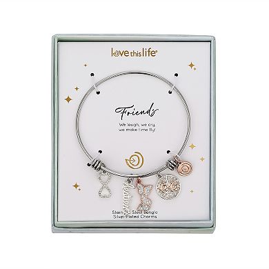 Love This Life Two-Tone Crystal Besties, Butterfly, Flower, & Infinity Charm Bangle Bracelet