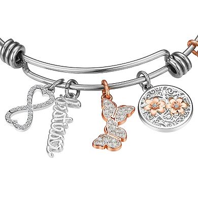 Love This Life Two-Tone Crystal Besties, Butterfly, Flower, & Infinity Charm Bangle Bracelet