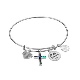 Love This Life Fine Silver Plated Crystal "Let Your Faith Guide You" Abalone Cross & Heart Charm Bangle Bracelet