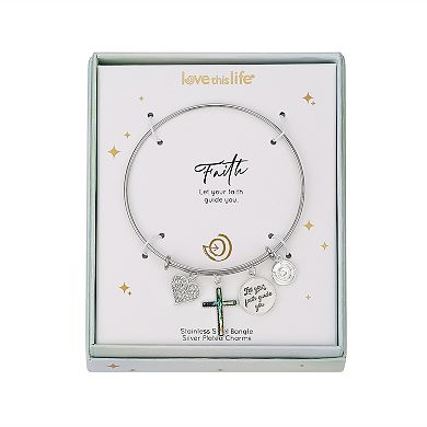 Love This Life Fine Silver Plated Crystal "Let Your Faith Guide You" Abalone Cross & Heart Charm Bangle Bracelet